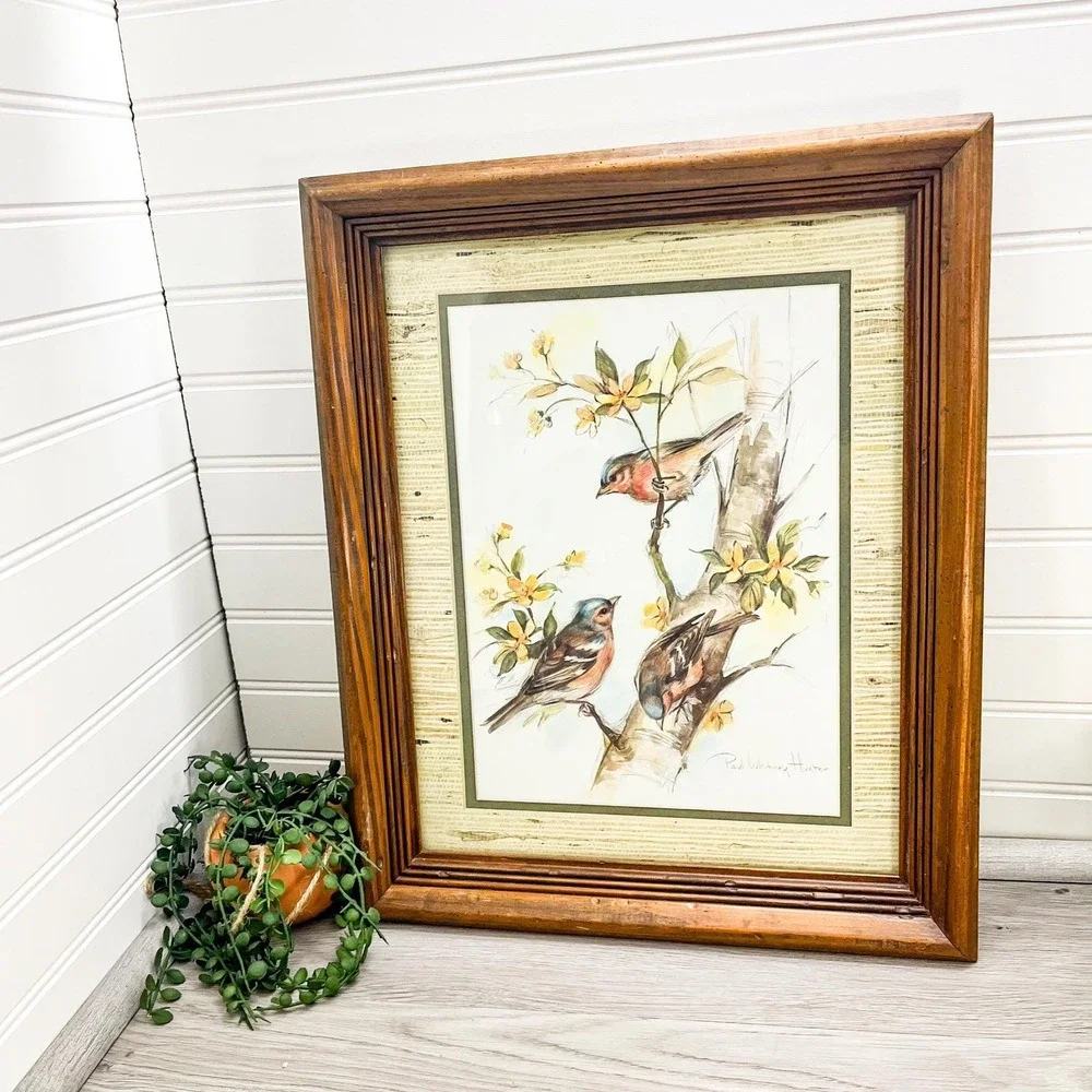 Vintage Bird Painting Print by Paul Whitney Hunter in Wooden Frame‎
